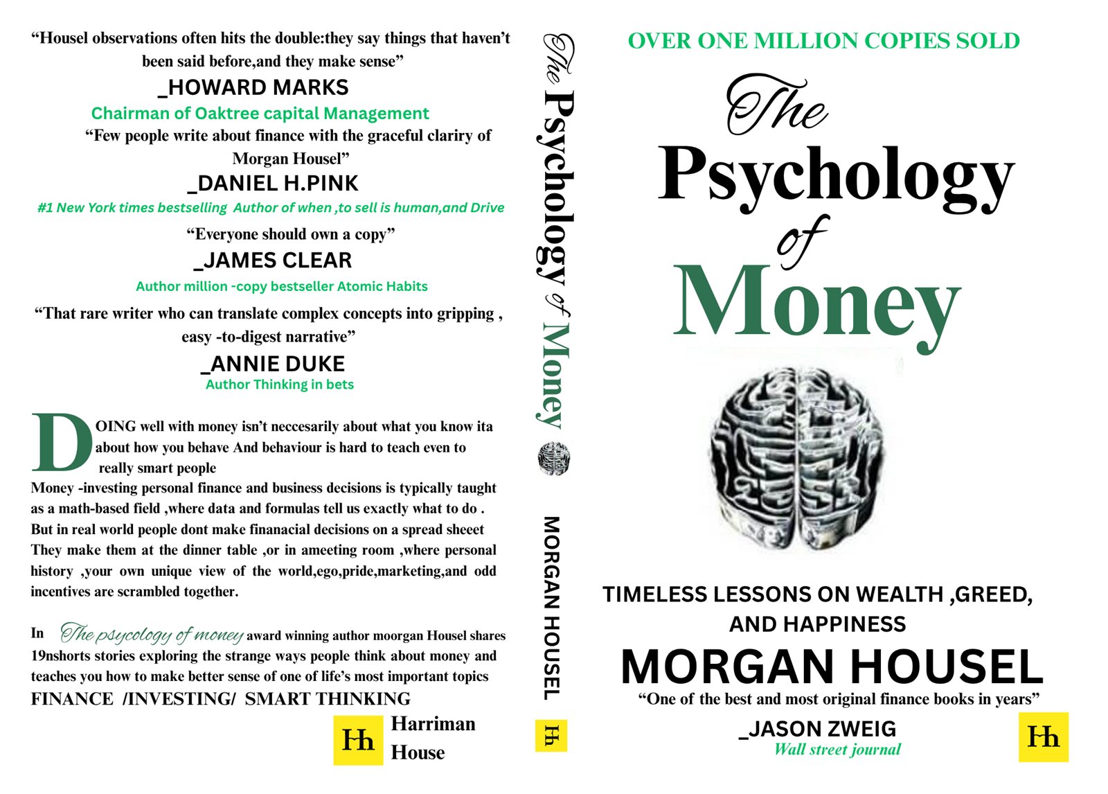 Full wraparound book cover design for The Psychology of Money by Morgan Housel, front, spine and back