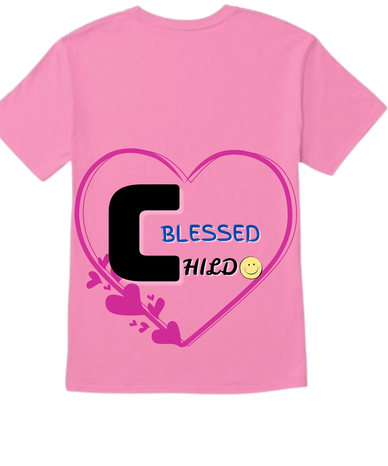 Pink kids t-shirt back print with a heart and initial design reading Blessed Child