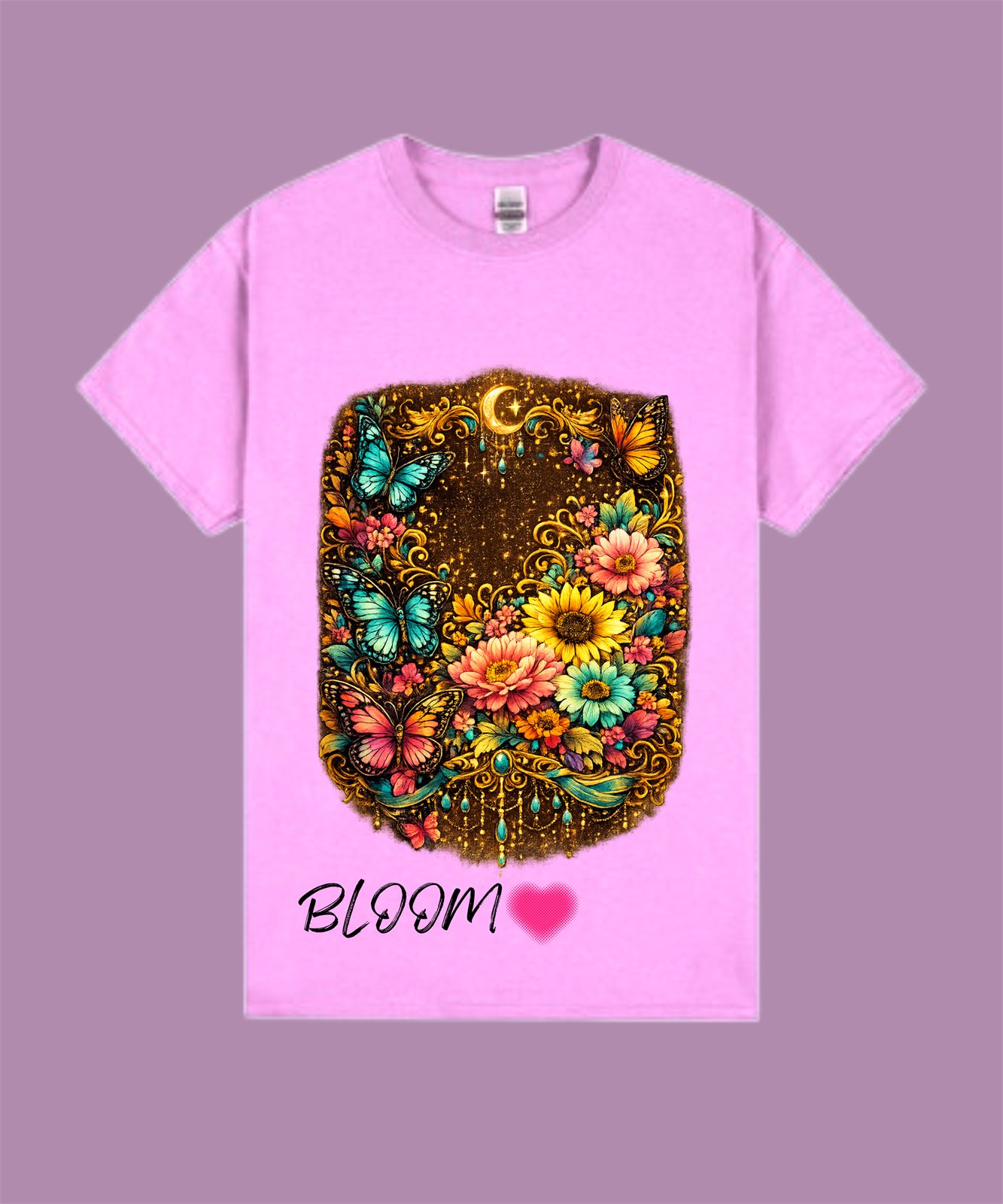 Lilac t-shirt with an ornate gold floral and butterfly design around the word Bloom