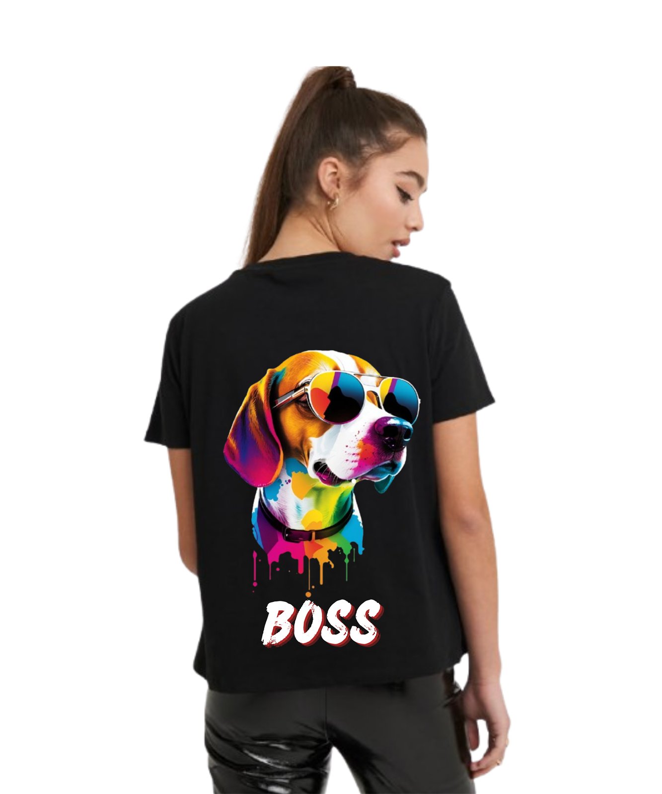 Black t-shirt featuring a colorful pop-art dog wearing sunglasses with the word Boss, designed by WeCreative