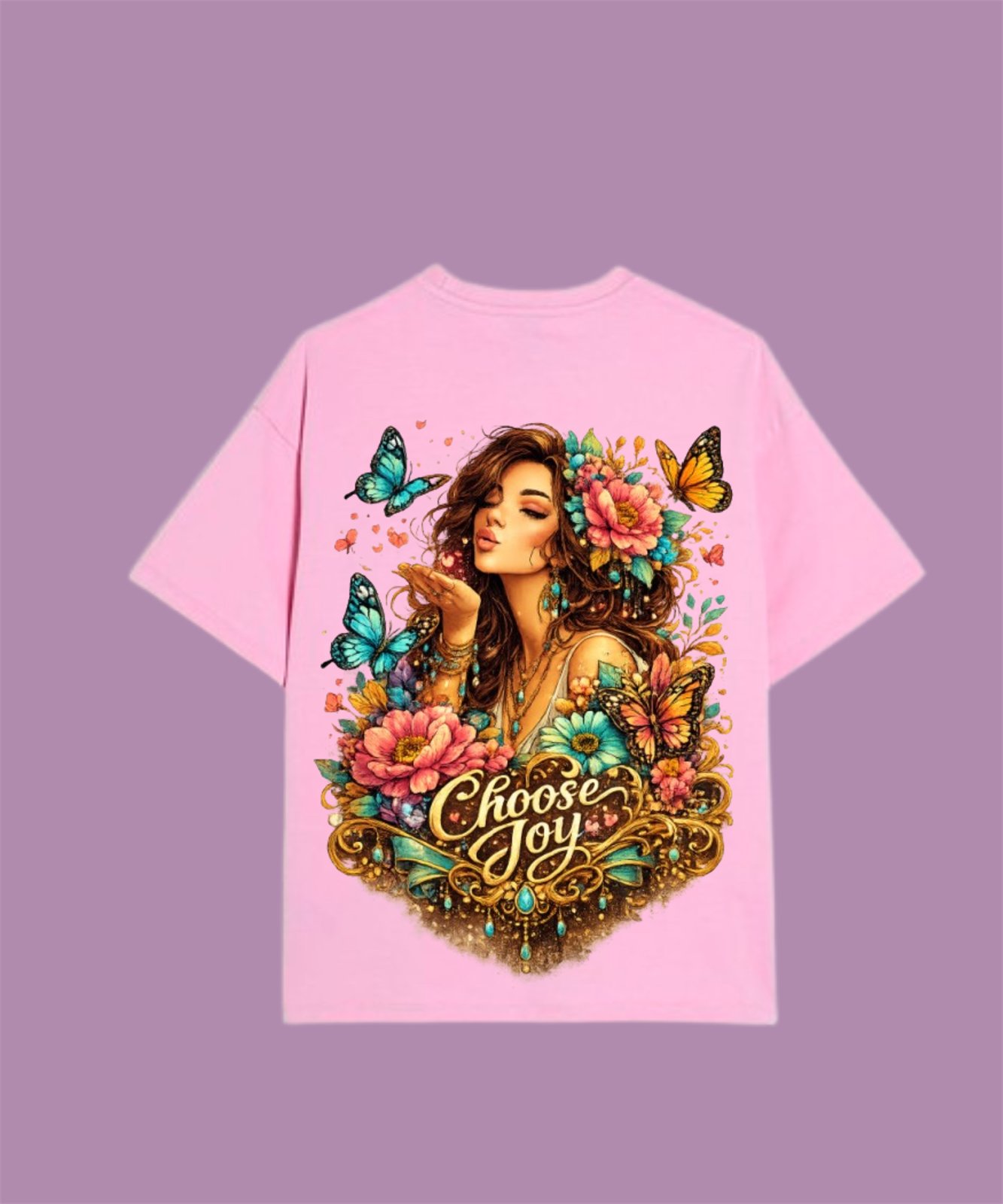 Pink t-shirt back print of a woman blowing a kiss surrounded by butterflies and flowers reading Choose Joy