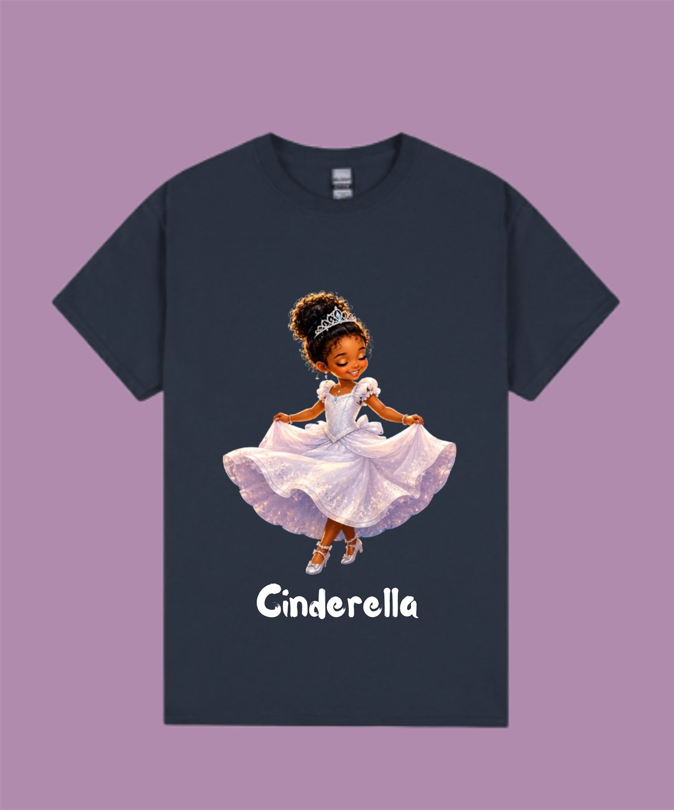 Navy t-shirt with an illustrated young girl in a princess dress and tiara, labeled Cinderella