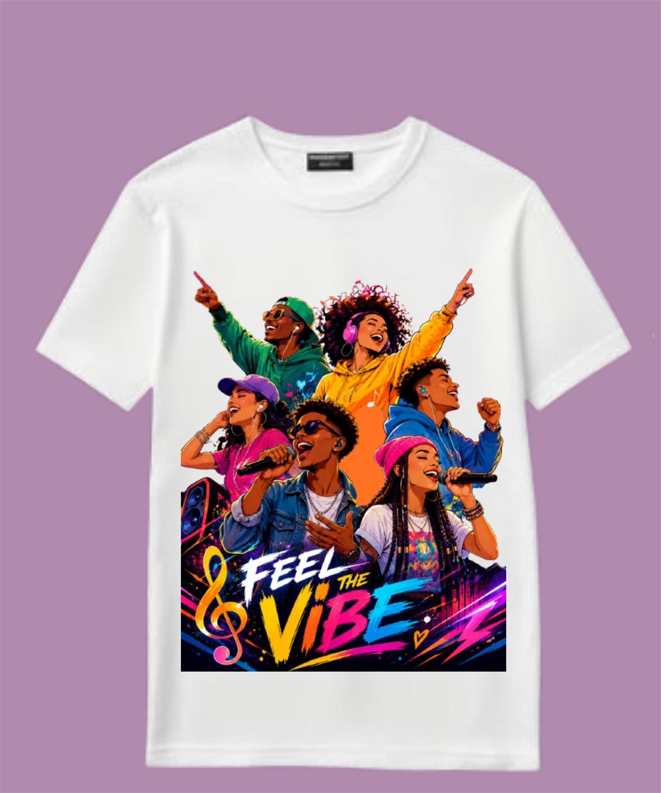 White t-shirt with a colorful illustration of six young people singing, reading Feel The Vibe