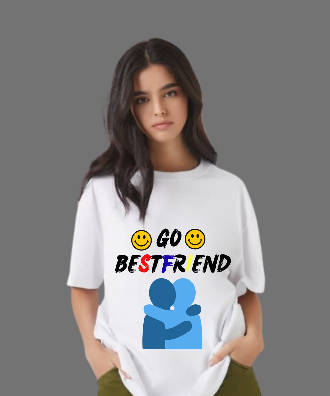 Model wearing a white t-shirt with a friendship illustration and colorful typography reading Go Bestfriend