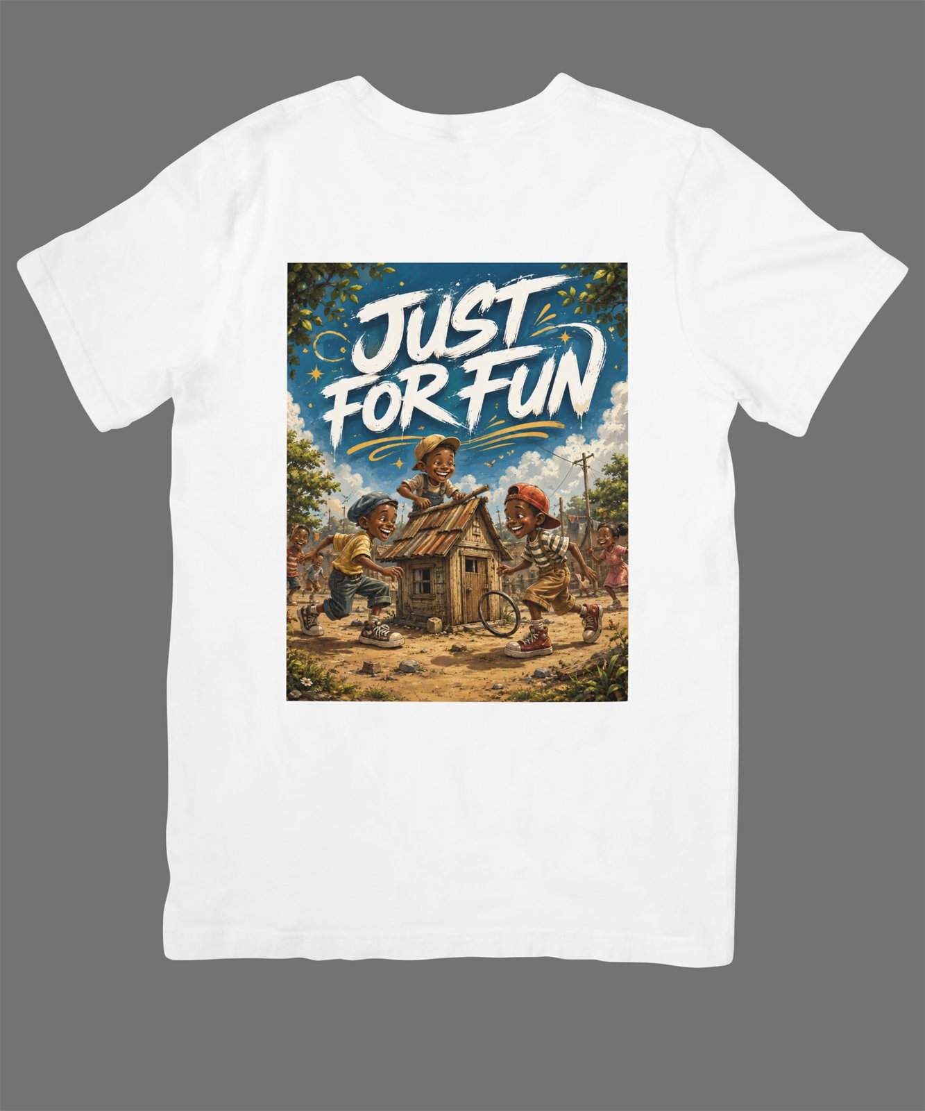 White t-shirt back print illustration of children playing around a wooden playhouse, reading Just For Fun