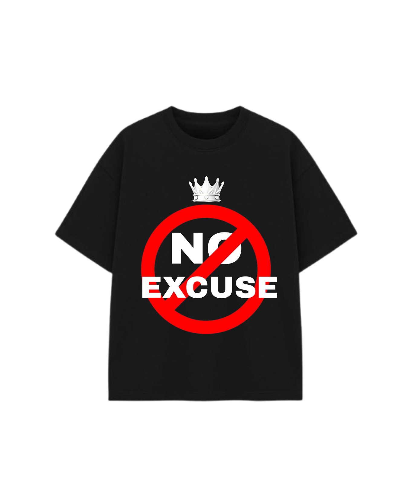 Oversized black t-shirt with a crown and a red no-symbol design reading No Excuse