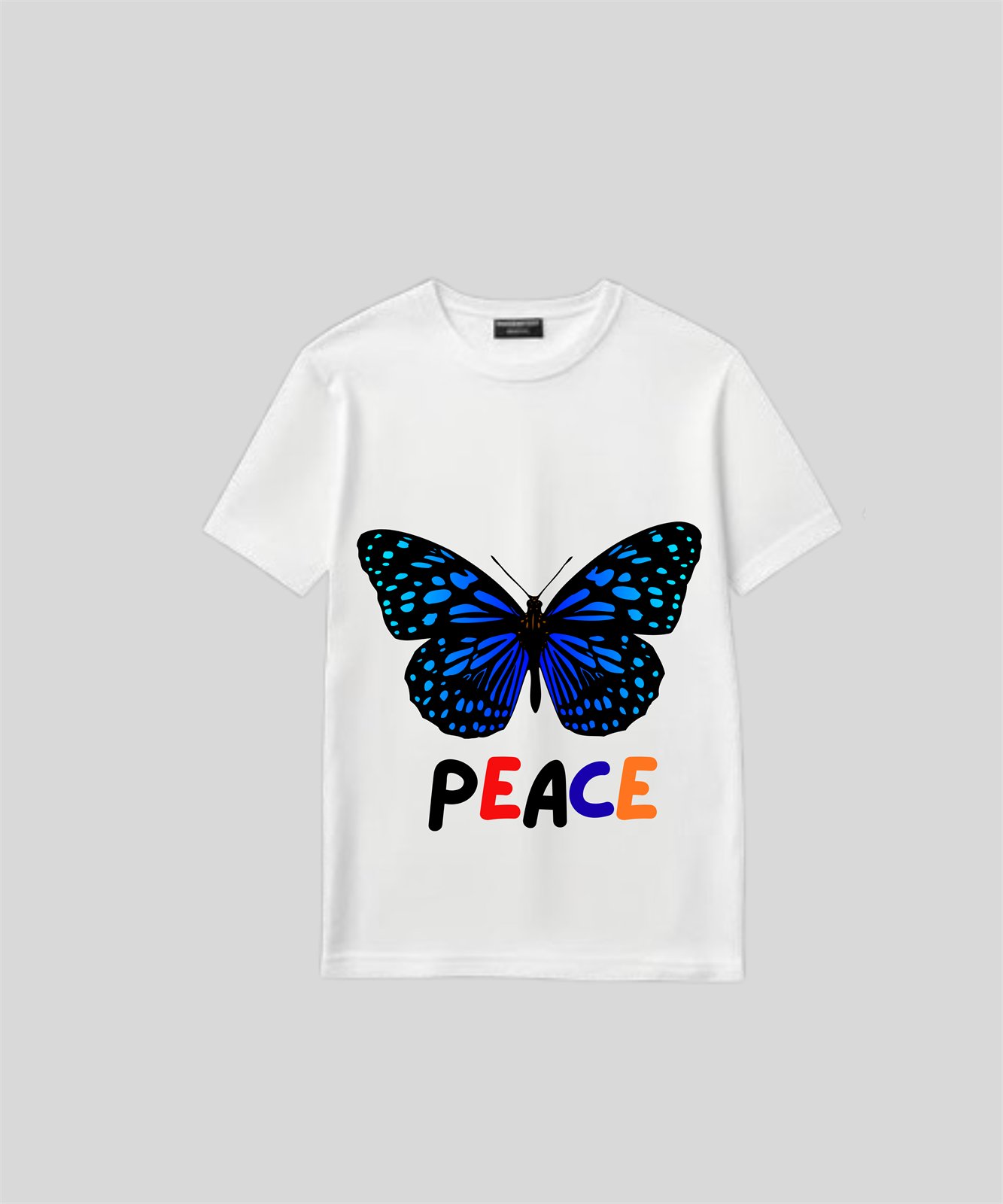 White t-shirt with a blue butterfly illustration and colorful lettering reading Peace