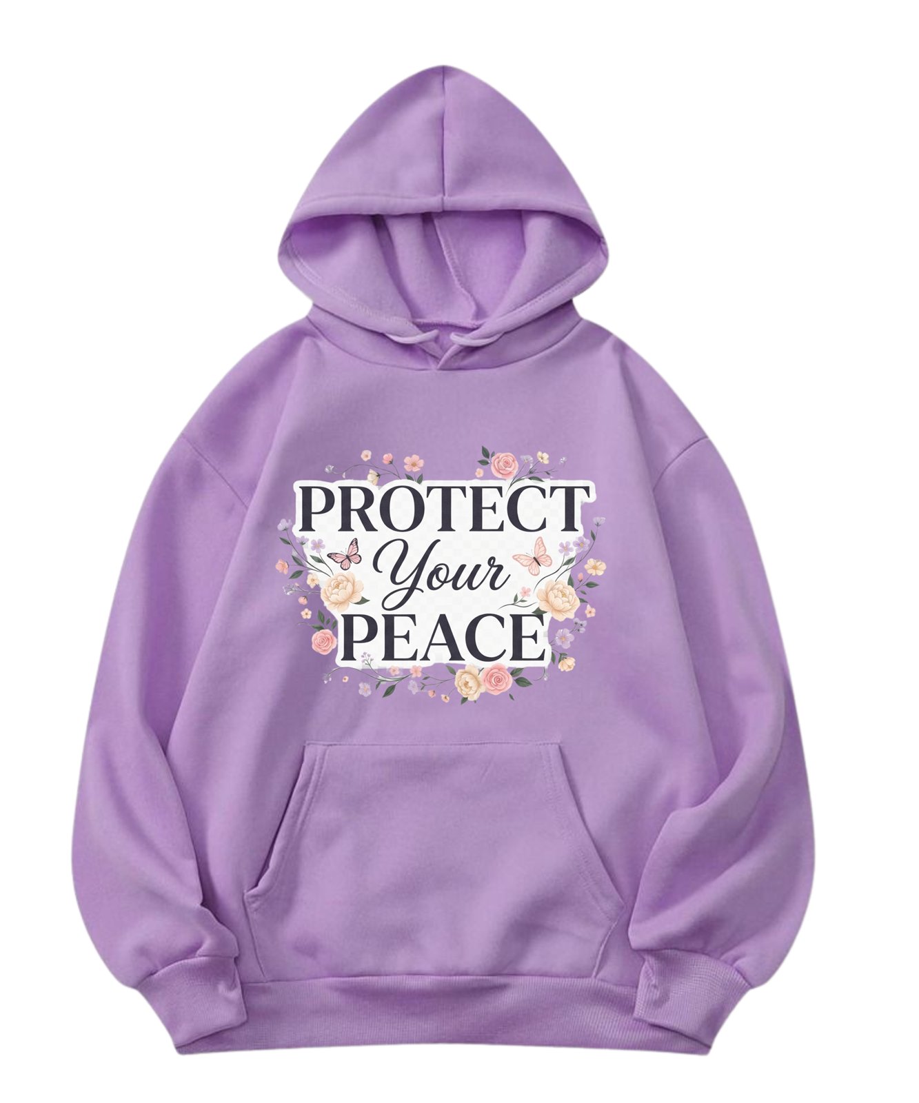 Lavender hoodie with floral typography design reading Protect Your Peace