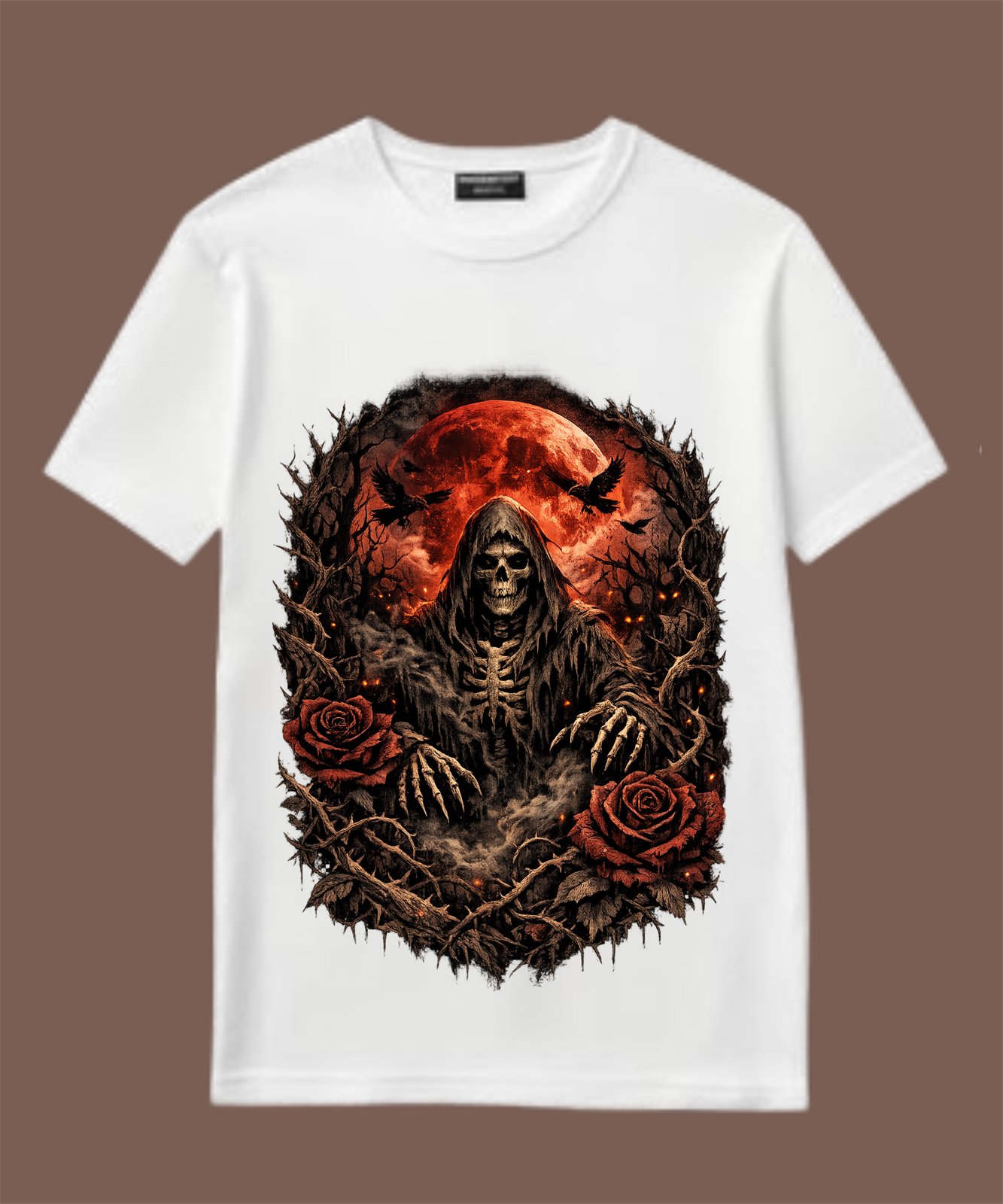 White t-shirt with an illustrated hooded reaper skeleton surrounded by roses under a red moon