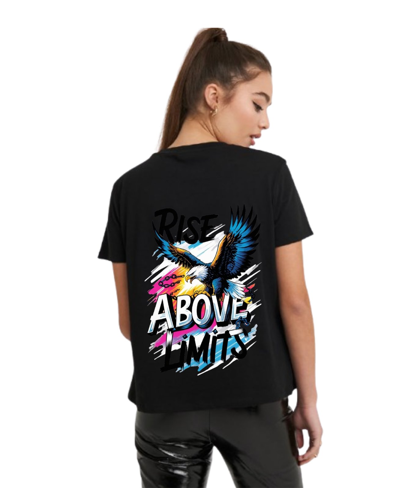Black t-shirt back print featuring a bald eagle breaking free of chains with the phrase Rise Above Limits, designed by WeCreative